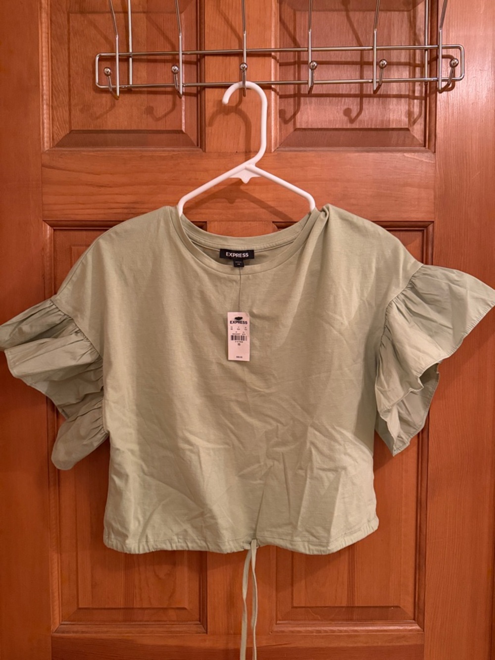 EXPRESS Sage Ruffle Sleeve Drawstring Crop Top